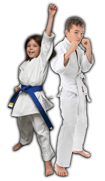 Martial Arts Lessons for Kids in Brookfield  - Happy Blue Belt Girl and Focused Boy Banner